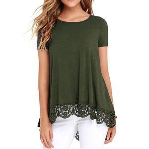 ZEGOLO Short Sleeve Lace Trim Crew Neck A-Line Tunic Top in Olive Green